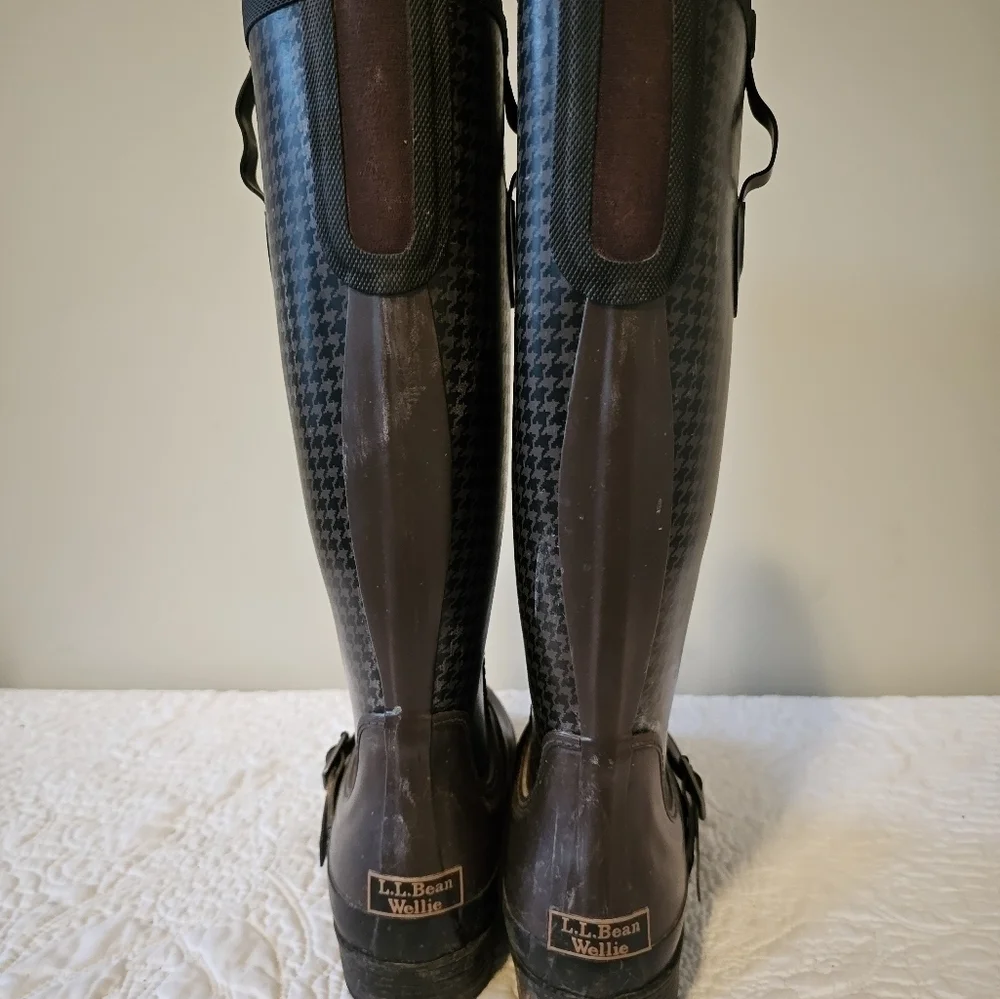LL BEAN Wellie Tall, Black & Brown Houndstooth, Waterproof Rain Boots 9.5/10